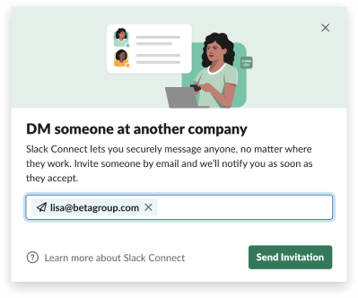 A Slack window showing how to send a partner an invite to join a Slack Connect channel.