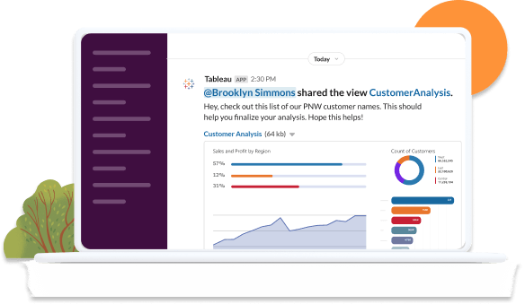 A laptop showing the Slack environment and how a Tableau app can present analytics in Slack channels.
