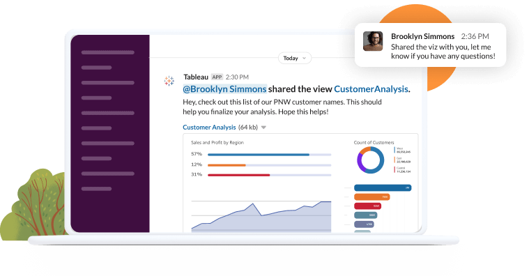 A laptop showing the Slack environment and how a Tableau app can present analytics in Slack channels.
