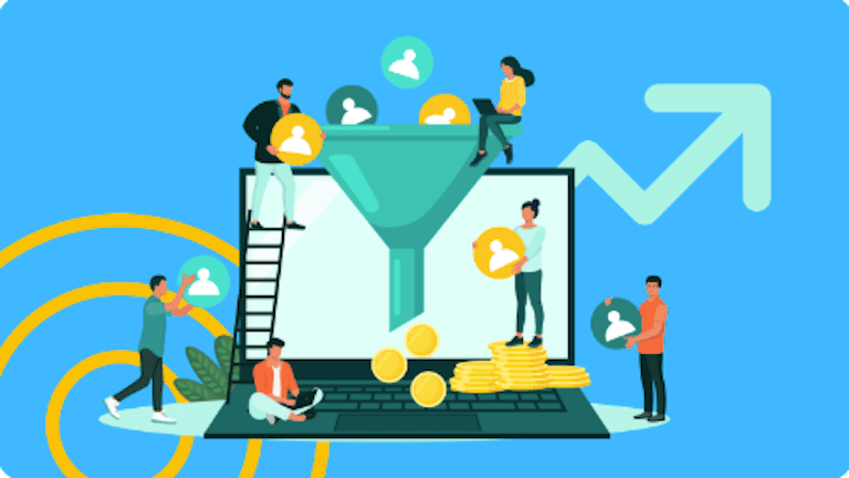 Several avatars moving through a large funnel