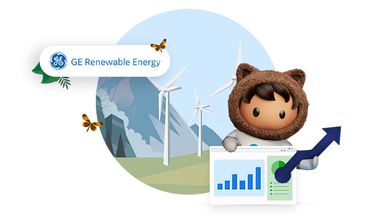 Astro in front of GE Renewable logo and wind power imagery showing chart of long-term growth