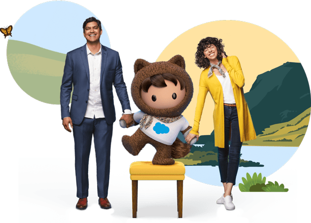 Astro standing on a small table, holding hands with a man on his right and a woman on his left with an illustrated nature background