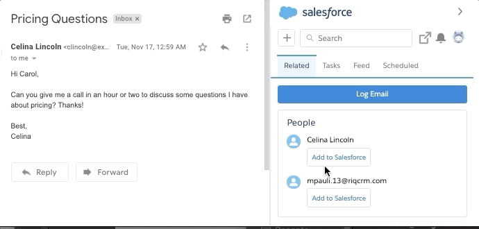 User clicks on Add to Salesforce button and then clicks on Save button. User clicks on Log Email button and then clicks Save to sync email.
