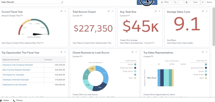 User clicks on + Component button and selects "Opportunities by Stage" report. The user selects the funnel icon and clicks the Add button.