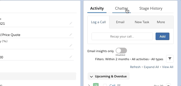 User clicks on Chatter tab and writes a post with an @ mention to alert another user on the Salesforce record and then clicking Share button.