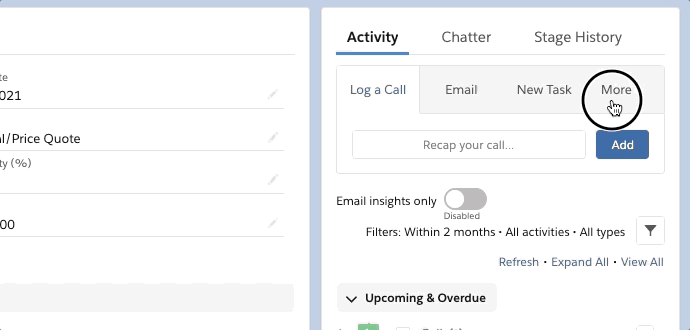 User clicks on More button and then clicks on New Event. They populate Subject, Description, Date, and Contact fields before clicking Save button.