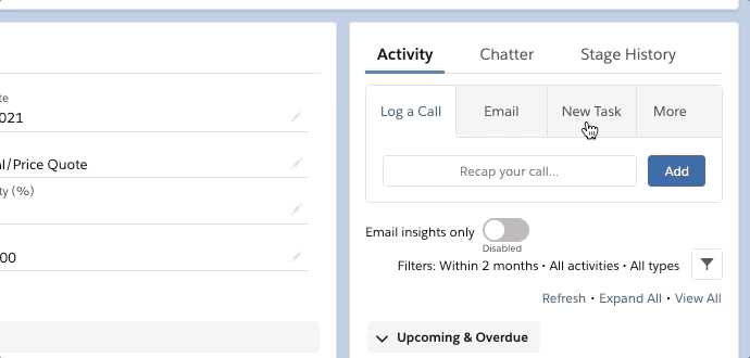 User clicks on New Task option to add Subject, Comments, Due Date, and Contact information before clicking Save button.