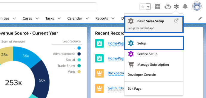 There is a blue box around the Basic Sales Setup and Setup options under the Setup gear.