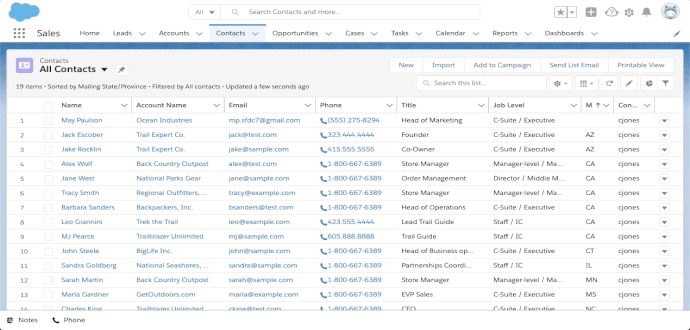 User clicks on All Contact list view to select the Contacts in CA list view instead. User clicks on Send List Email button.