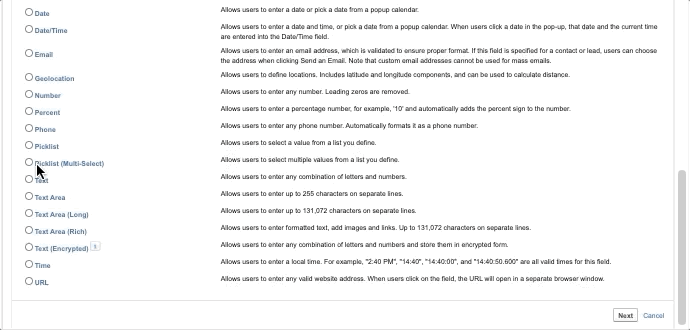 User selects Picklist data type and then clicks Next button. The user fills some information and then clicks Next button twice before saving.