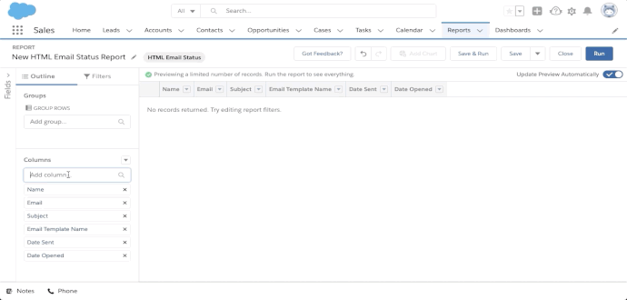 User adds the "Last Opened" column to report and then clicks on Save & Run button to enter the Report Name before saving.