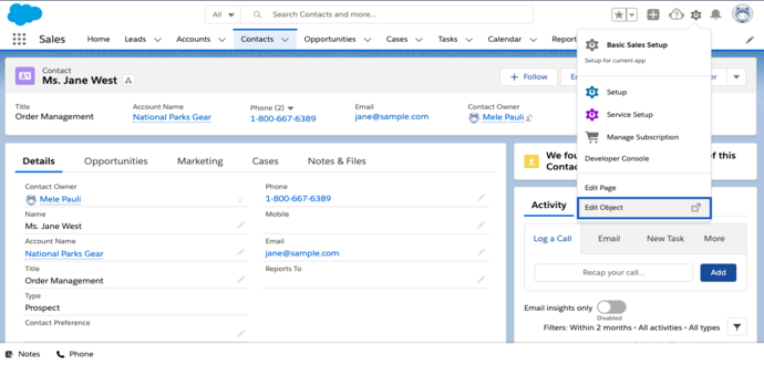 A blue box around the Edit Object menu option under Setup gear.