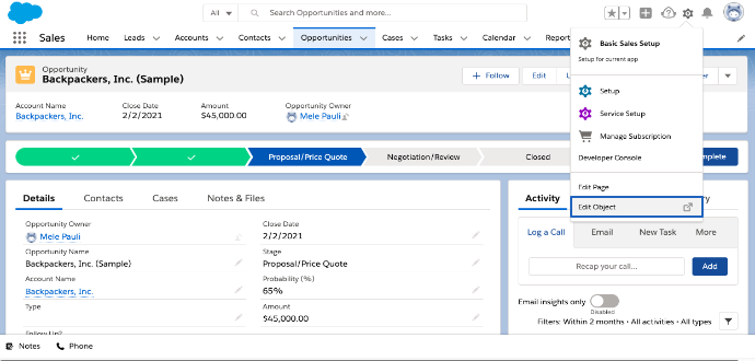 A blue box around the Edit Object menu option under Setup gear.