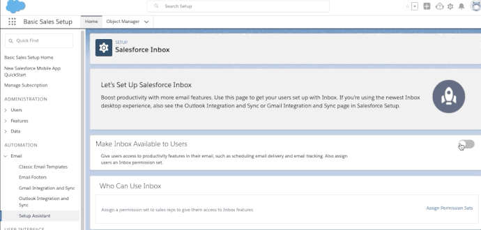 User clicks on toggle next to Make Inbox Available to Users, refreshes screen, and then clicks on Assign Permissions Sets link.