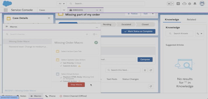 After Macro is completed, two green banners appear at the top of the screen saying the "Macro was applied" and "Email Sent."
