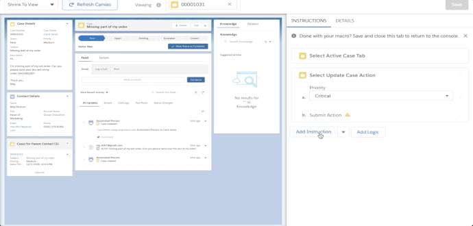 User clicks Add Instruction button and then clicks on Write an Email section. User clicks Insert Email Template to select a template before saving.