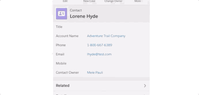 User drags finger up on Salesforce mobile app's Contact screen to view expanded menu of actions.