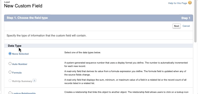 User selects Number data type and then clicks Next button. The user fills out field label and then clicks Next button twice before saving.