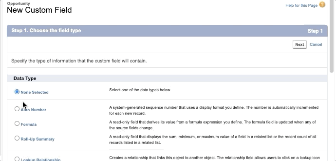 User selects Number data type and then clicks Next button. The user fills out the field label and then clicks Next twice before saving.