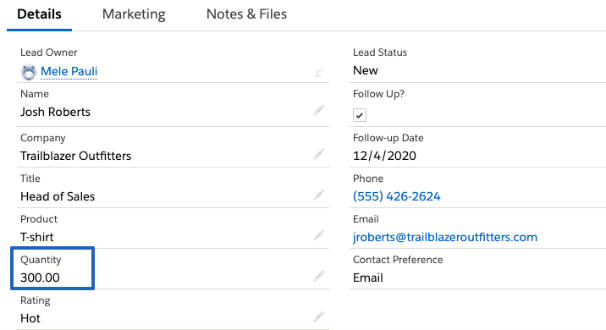 A blue box around the Quantity field with a value of 300.