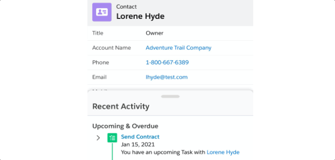 Mobile screen with Contact name and Contact details (Title, Account Name, Phone, Email) along with Recent Activity at the bottom.