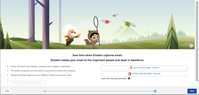 A Setup flow window with options to connect an Office 365 or Gmail email along with Next button.