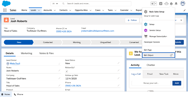 A blue box around the Edit Object menu option under Setup gear.