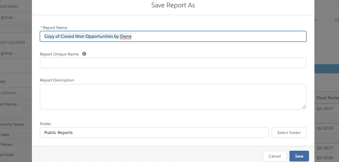 User enters a Report Name on the "Save Report As" and then clicks Save button.