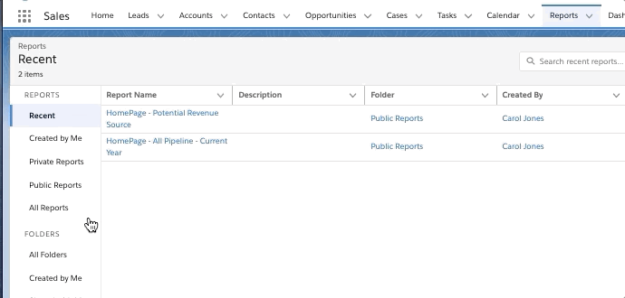 From Reports tab, user clicks on All Reports from the Reports menu. User clicks on "Closed Won Opportunities by Owner" report.