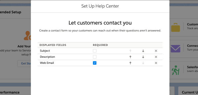 A Setup flow window titled "Let customers contact you" along with available fields to add to contact form: Subject, Description, and Web Email.