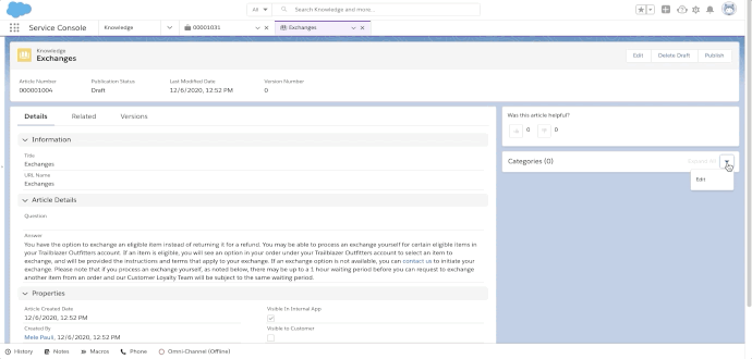 User clicks on caret from Categories and then clicks on Edit option. User opens "Shipping and Return Policy" and selects "Exchanges" before saving.