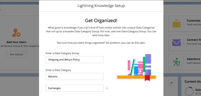 A Setup flow window titled "Get Organized" along with fields to add the Data Category Group and Data Categories.