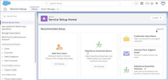 User clicks on View All link which opens up a window. The user searches for and clicks on Knowledge Setup button.