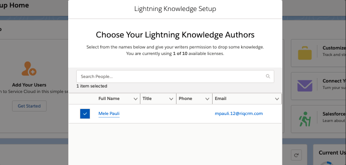 A Setup flow window titled "Choose Your Lightning Knowledge Authors" with search bar and user with a checkbox checked next to their name.