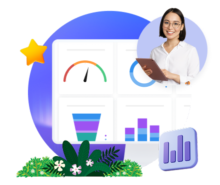 Laptop with graph imagery surrounded by floating icons.