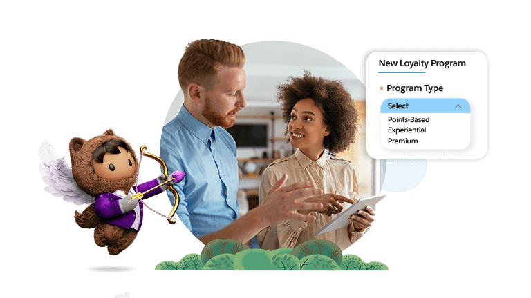 Man and woman in conversation, pointing to a tablet displaying a loyalty program list