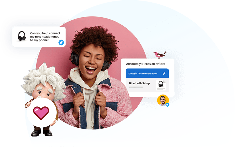 A woman gets help connecting her headphones to her phone with an AI article recommendation. 