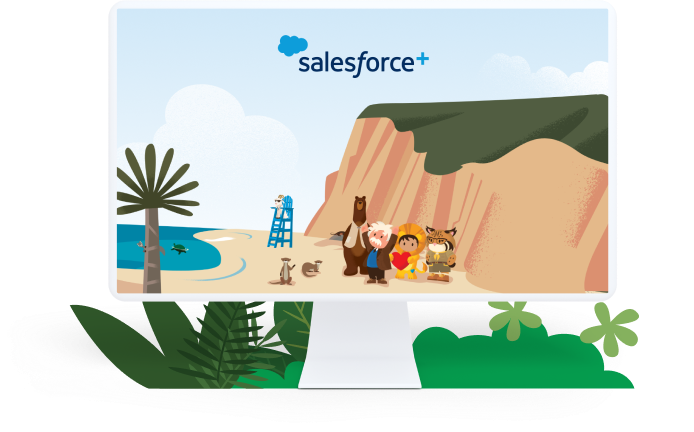 Laptop screen with Salesforce characters on a beach