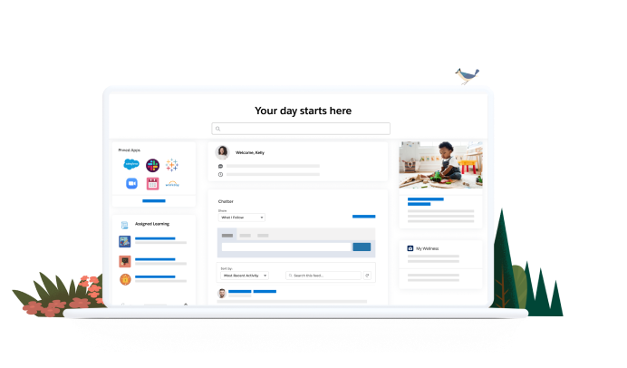 Dashboard shown on a desktop for a faculty or staff member with icons for self-service support powered by Education Cloud