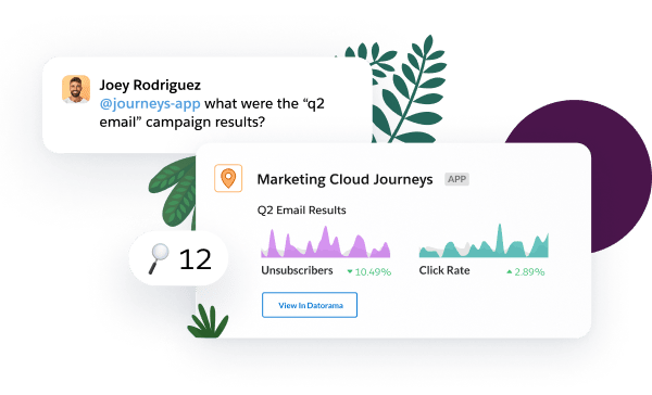 A marketer asks the journeys app a question in Slack: what were the q2 campaign results? The app responds with dashboards. 