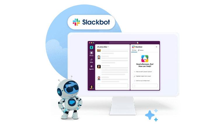 Slackbot's in-app AI interface, demonstrating how the personal assistant integrates directly into the Slack window to draft customer outreach and highlight insights.