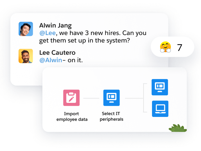 Des collaborateurs IT paramètrent un nouvel employé dans le système informatique de l'entreprise à l'aide de flux automatisés et grâce à la collaboration rendue possible par Slack.