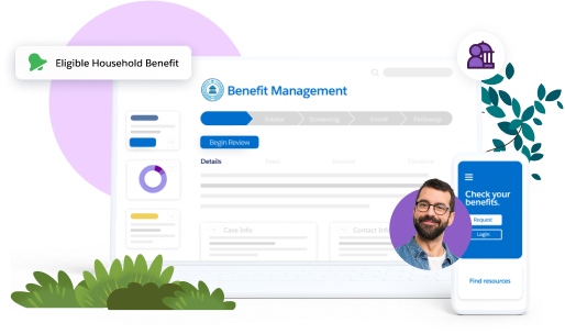 Product screens showcasing Salesforce Benefit Management capabilities.