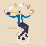 Eine Illustration, die einen Mann auf einem Einrad zeigt, der Symbole jongliert wie eine Uhr, eine Zielscheibe, einen Laptop etc.