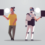 Eine Illustration, die einen Roboter sowie einen Menschen mit einem laptop und einer Sprechblase zeigt