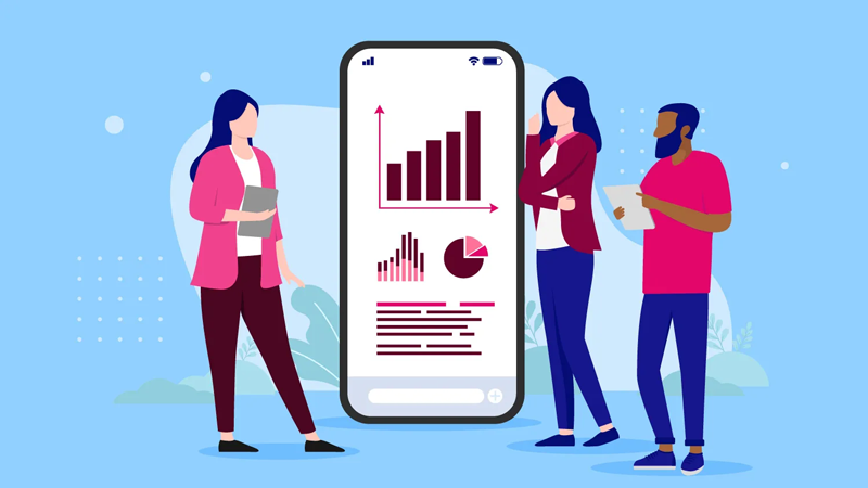 Eine Illustration, die drei Personen vor einem Smartphone zeigt, auf dem Graphen zu sehen sind