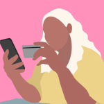 Eine Illustration einer Frau, die ihr Smartphone und eine Kreditkarte in der Hand hält