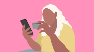 Eine Illustration einer Frau, die ihr Smartphone und eine Kreditkarte in der Hand hält
