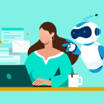 Ein Roboter schaut einer Frau am Laptop über die Schulter. An der Seite sind Browser Fenster sowie eine Kaffeetasse zu sehen