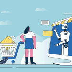 Illustration, die eine Frau mit Einkaufswagen vor einem riesigen Bildschirm zeigt, auf dem ein Roboter zu sehen ist